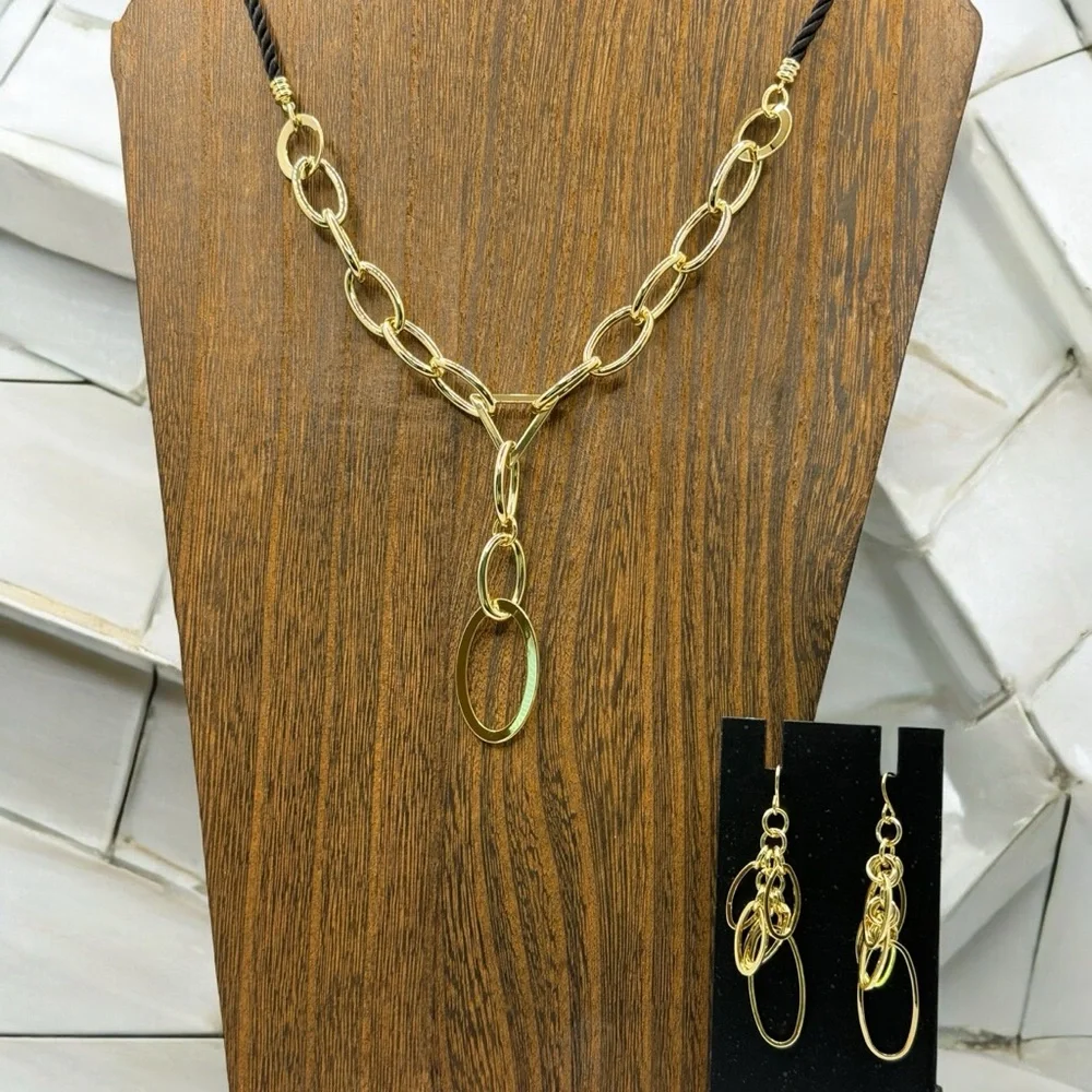 Vintage 90s Jonee Necklace and Earring Set Gold Tone Statement Dangle Black Rope